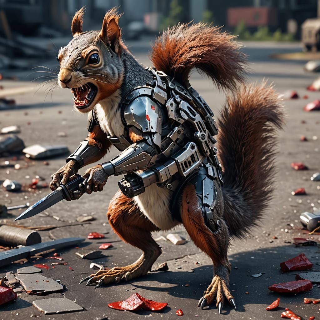 Cybernetic Squirrel Assassin in Futuristic Scene