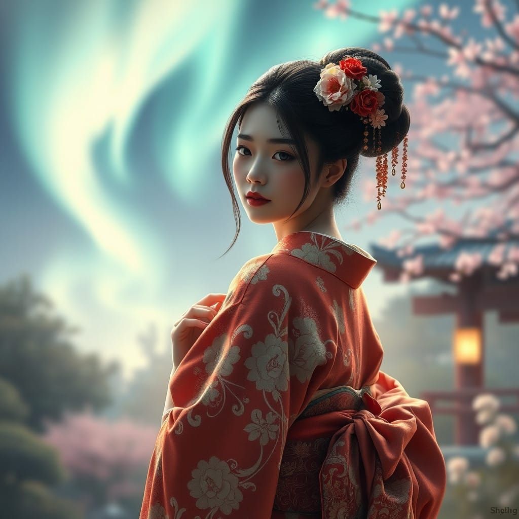 Serene Geisha in a Dreamlike Japanese Garden