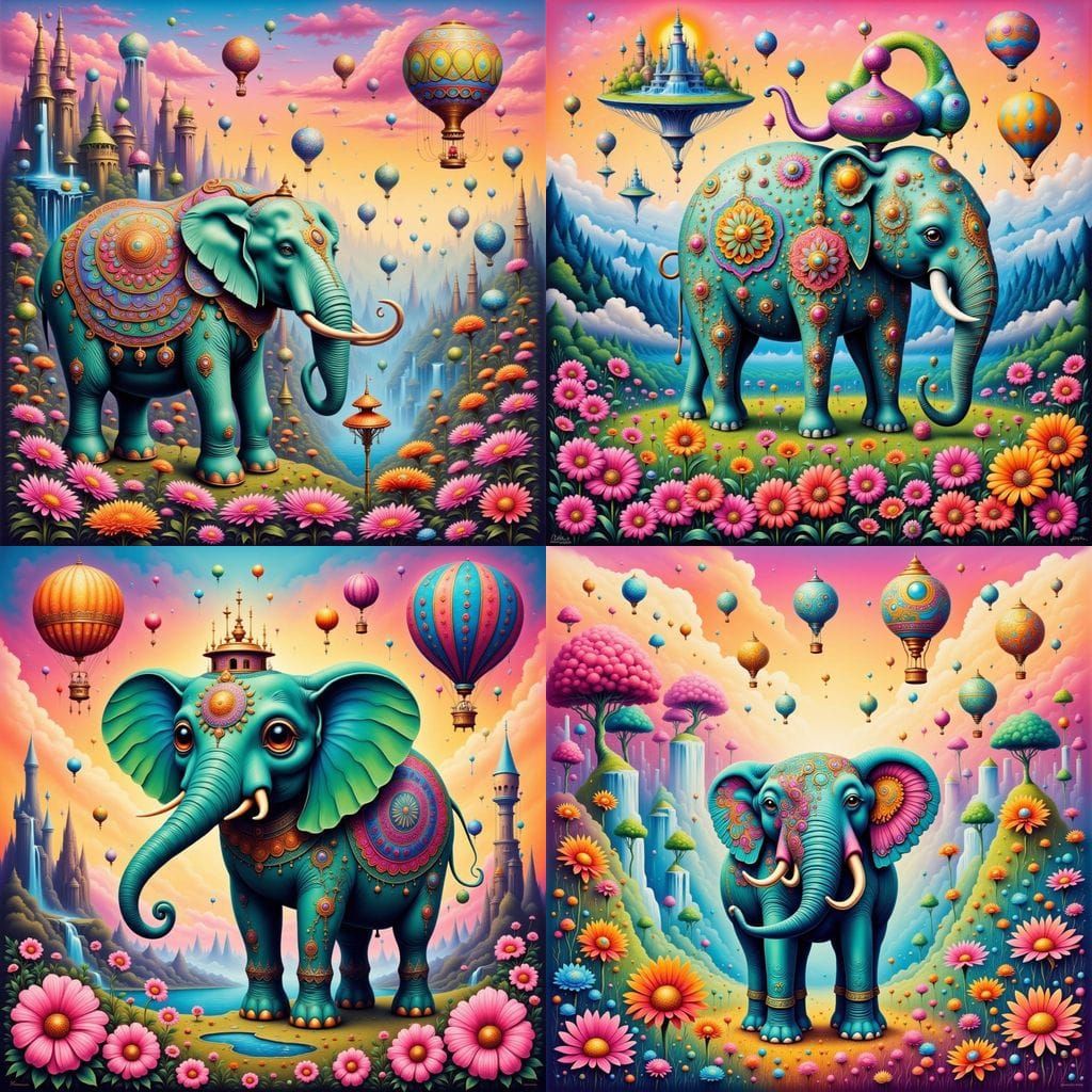 A vibrantly colorful illustration of a stylized elephant