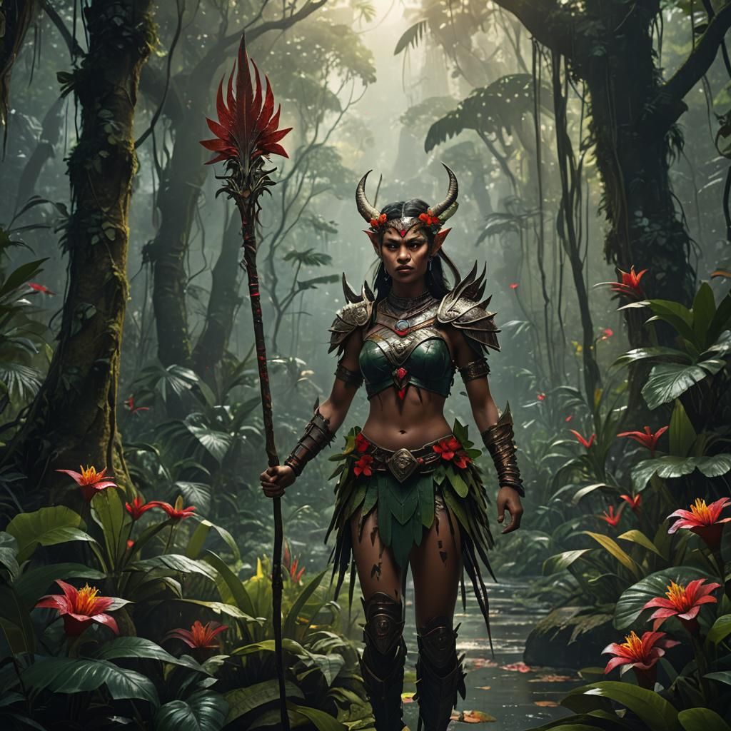 Demonic Amazonian Warrior in Mystical Rainforest