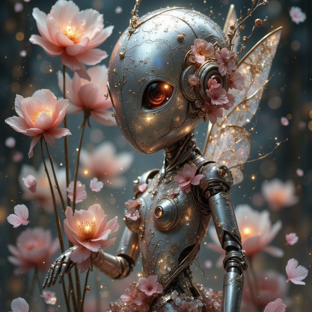 Elegant Nymph Cyborg Robot with Floral Metal Accents