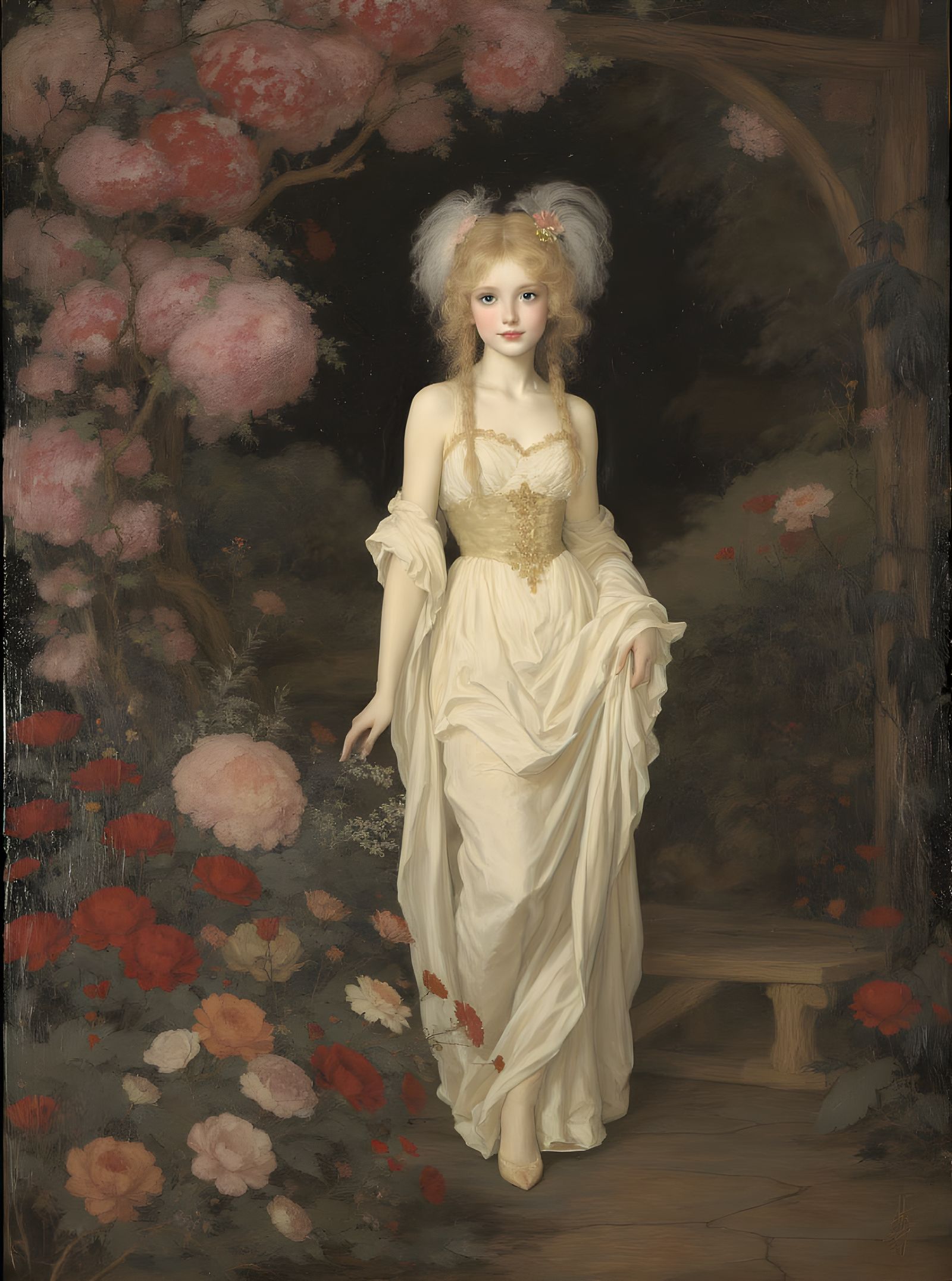 Elegant Girl in Garden Oil Painting Portrait