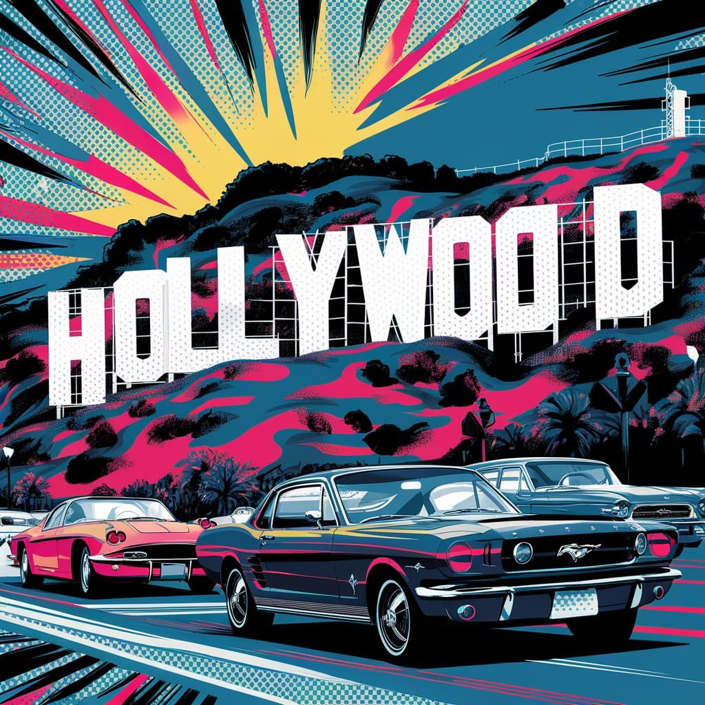 A retro-style pop art illustration of the famous Hollywood s...