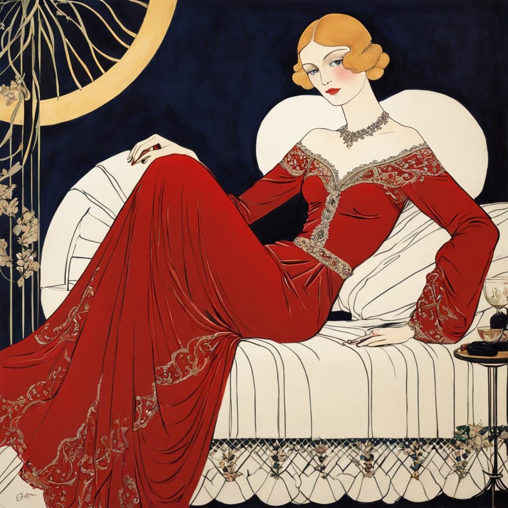 Elegant Lady in Crimson Evening Gown