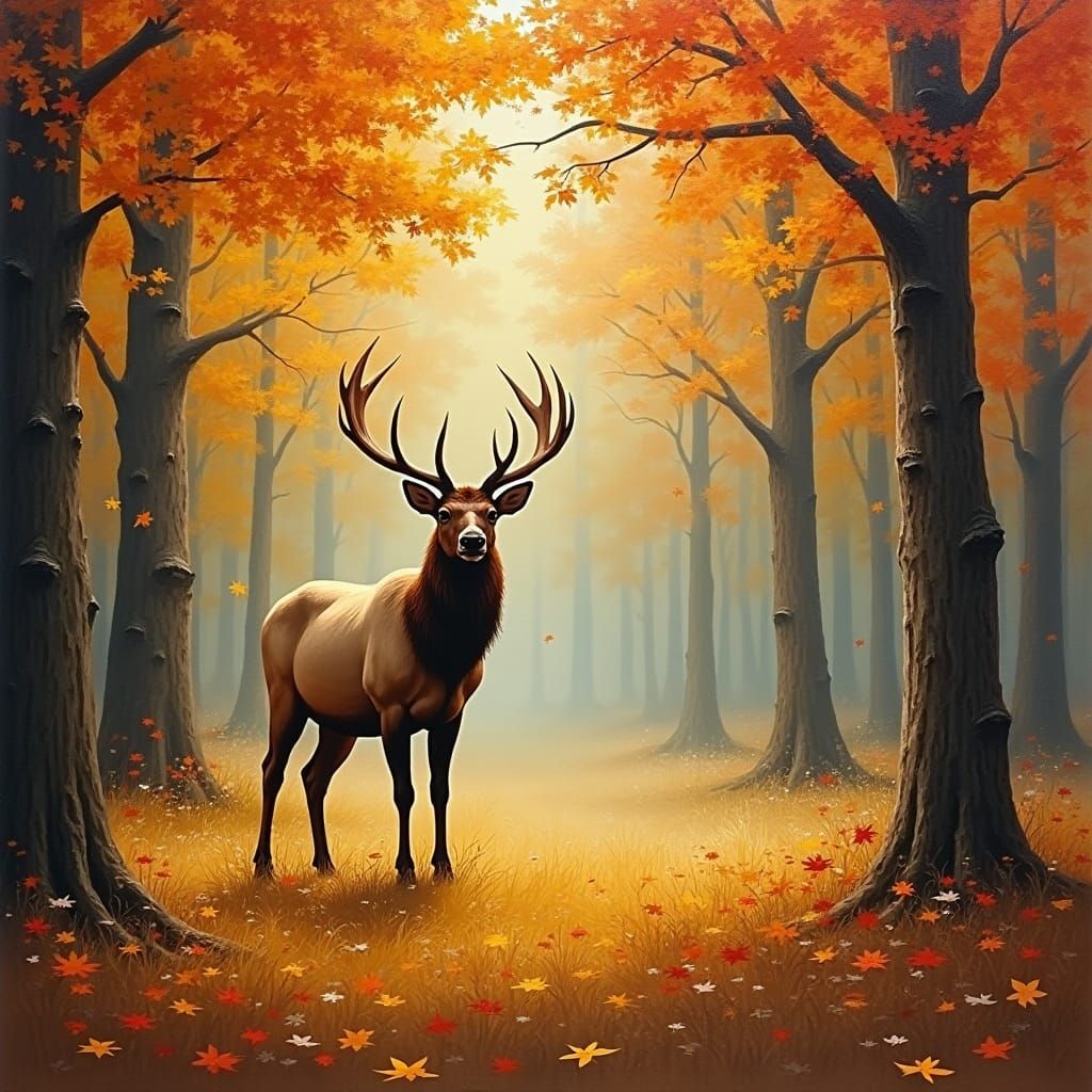 Elk in Autumn Forest: Oil Painting