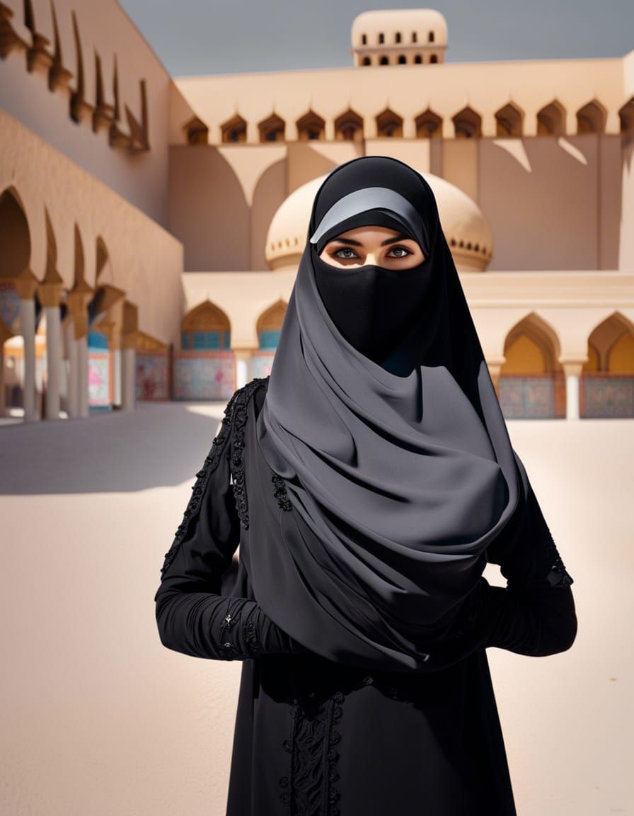 Girl in Niqab Posing in Desert Town, Graffiti Art