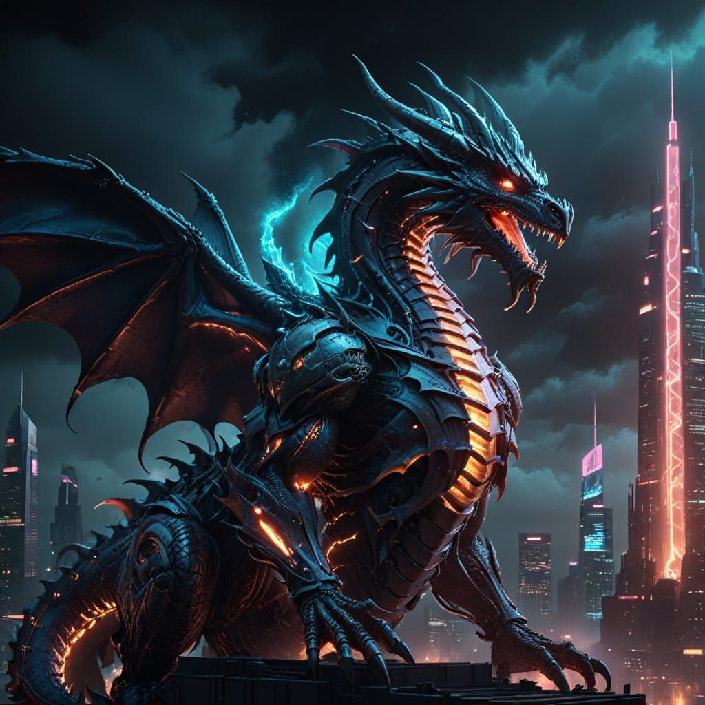 Biomechanical Dragon Coils Around Futuristic City