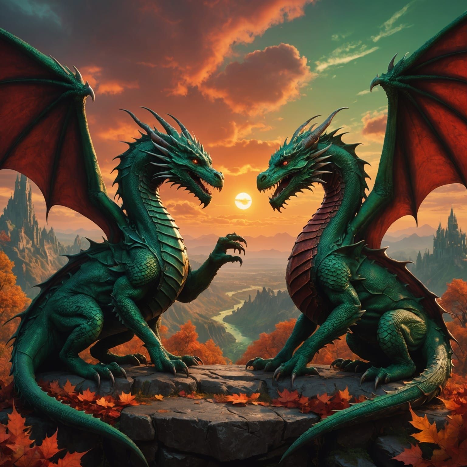 Dragons Meet Under Copper Sky: Fantasy Concept Art