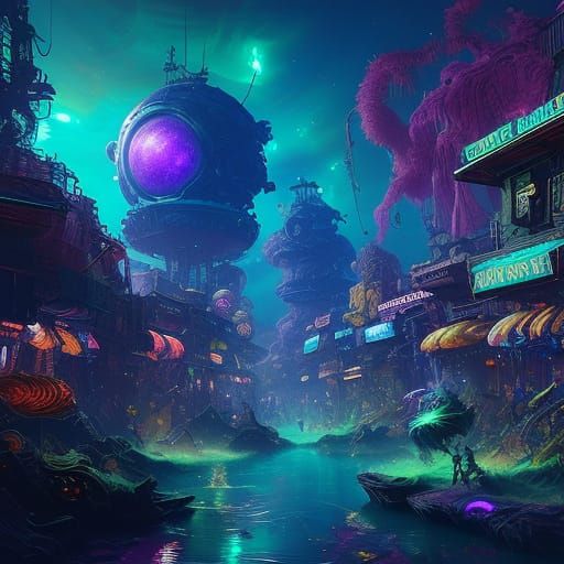 Alien Marketplace on Gas Giant Moon in Neon Light