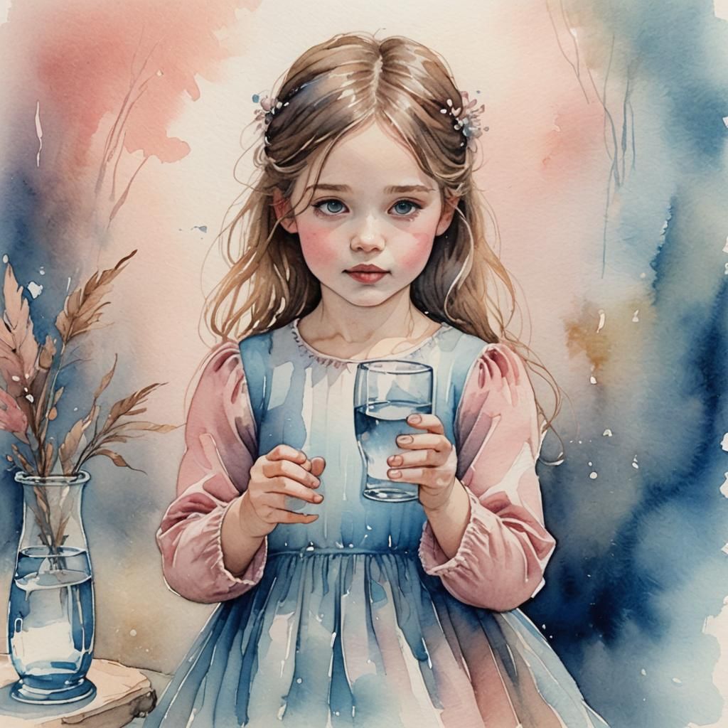 Whimsical Watercolor Portrait of a Girl Drinking