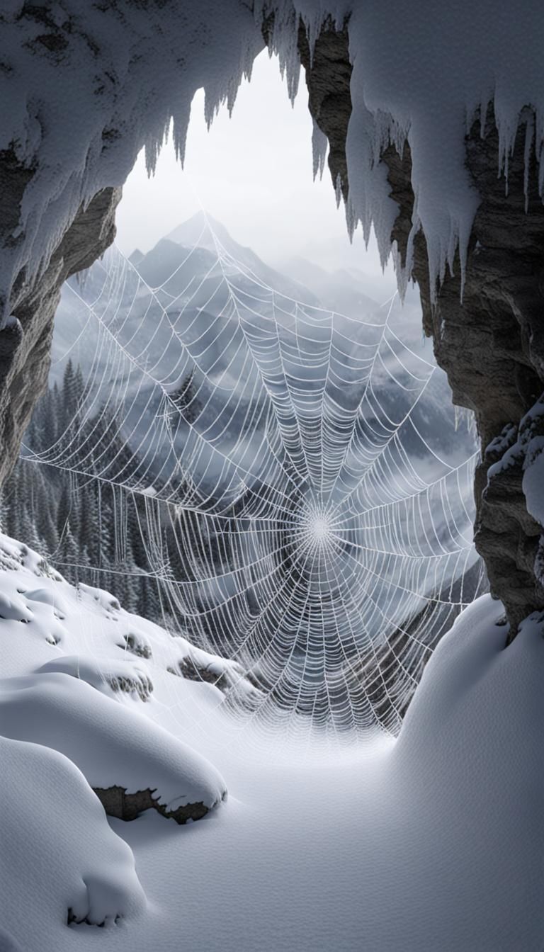 Winter Mountain Blizzard with Frosty Spider Web