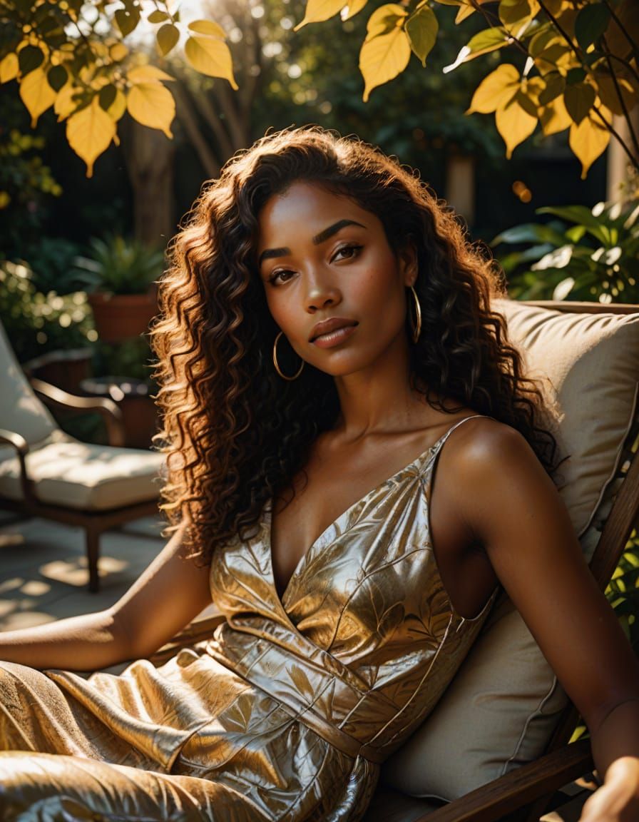 Golden Goddess on a Sun-Kissed Terrace, in Soft Focus Photog...