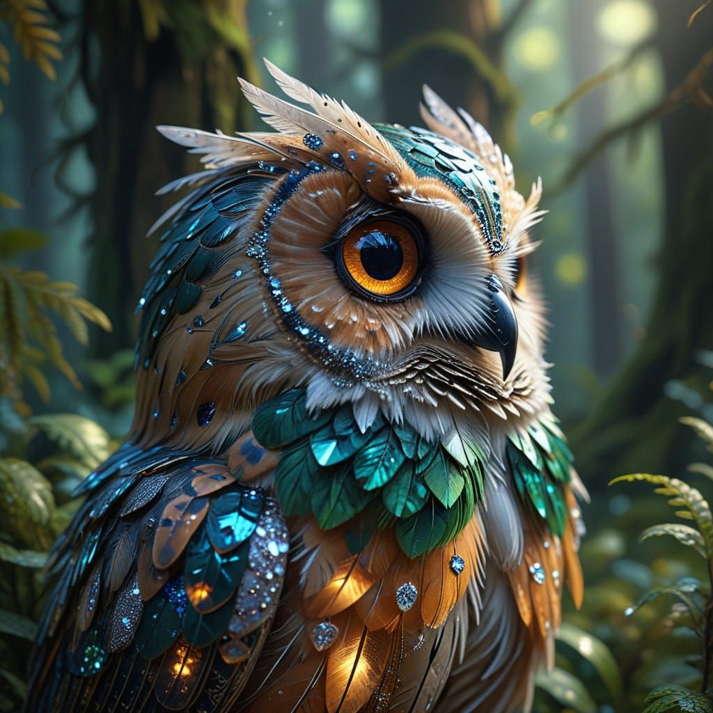 Diamond Owl in Mystical Forest: Hyper-Realistic Digital Art