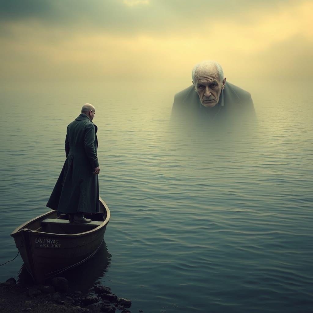Ominous Figure at Water's Edge in Surreal Style