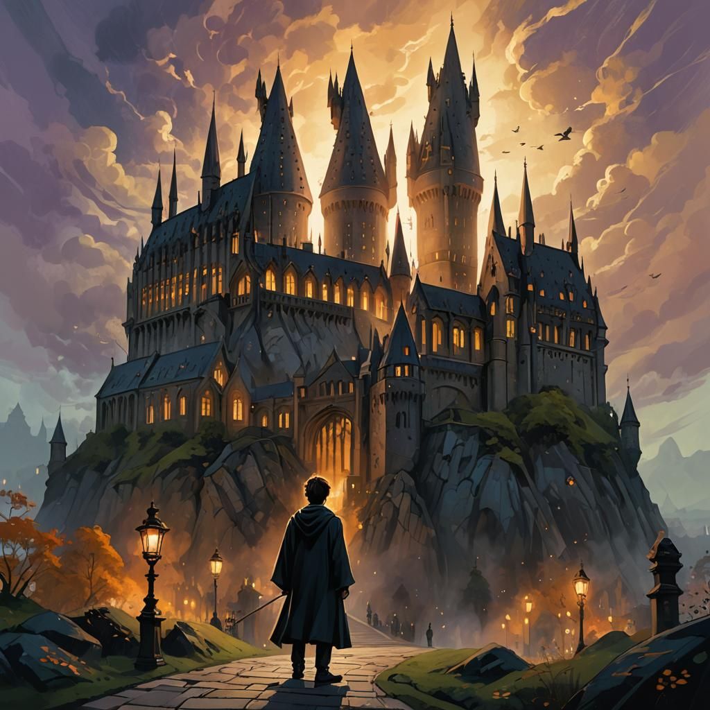 Harry Potter at Hogwarts in Whimsical Fantasy Art Style