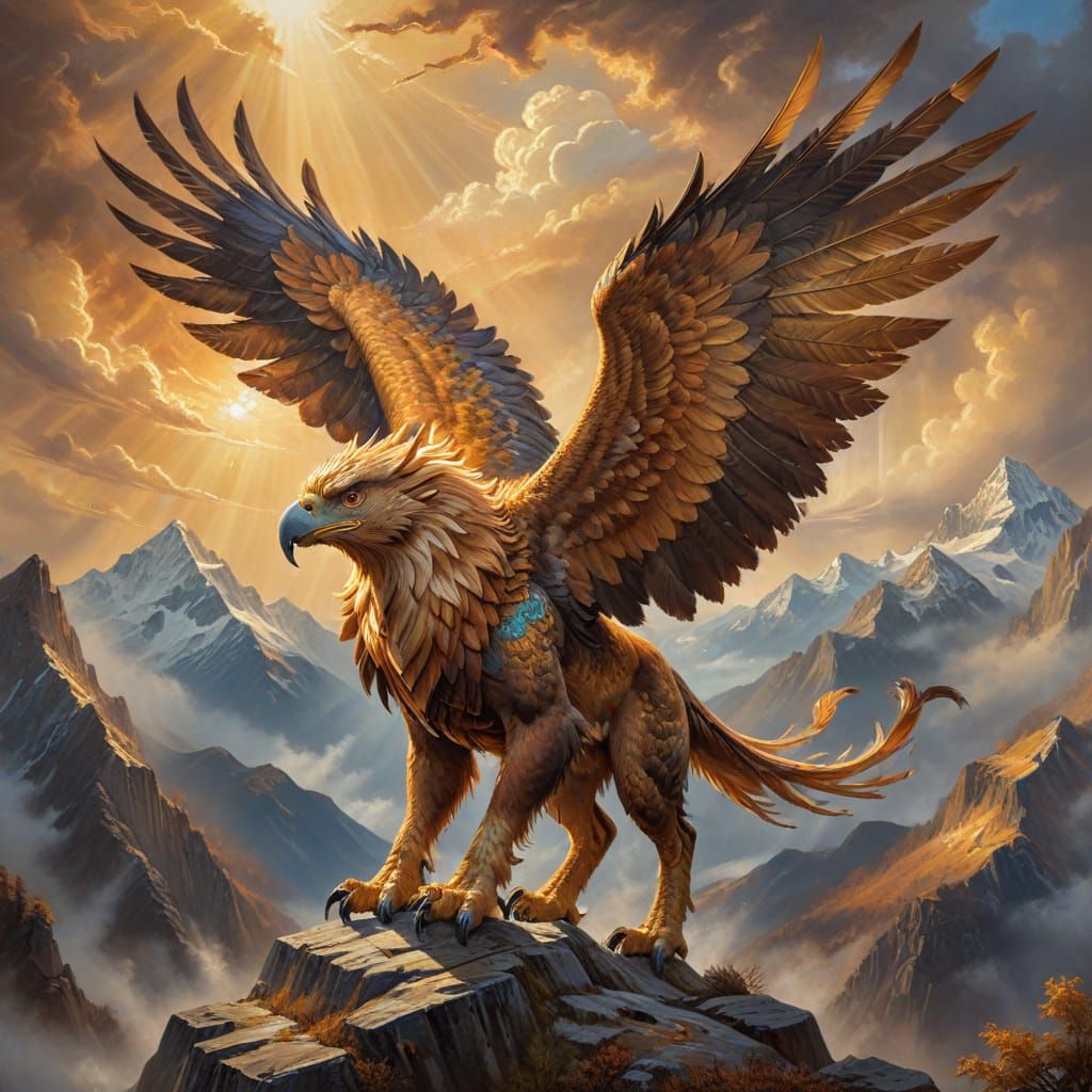 Majestic Griffin Soars in Detailed Oil Painting