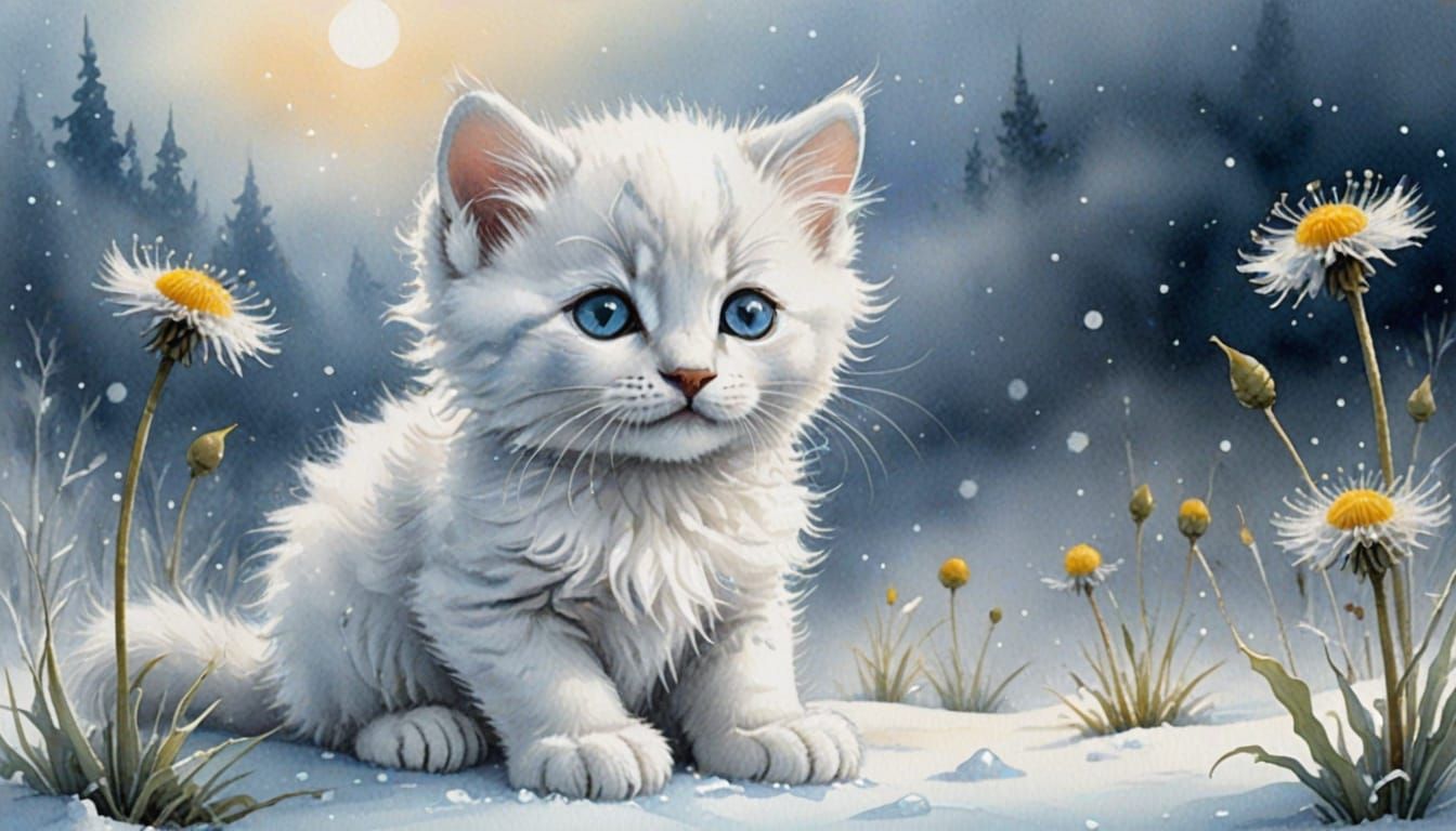 Whimsical Arctic Kitten in Soft Watercolor Style