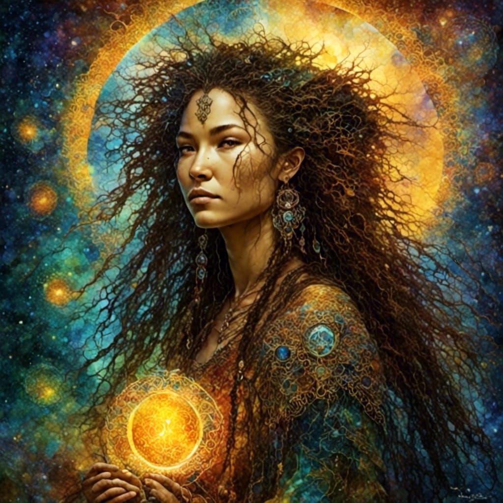 <lora:Magic Mandala:1.0> <lora:PR Alcohol WC Glass:1.0> <lora:ArchetypalImagery:1.0> a woman <lora:Native woman:1.0> wit...