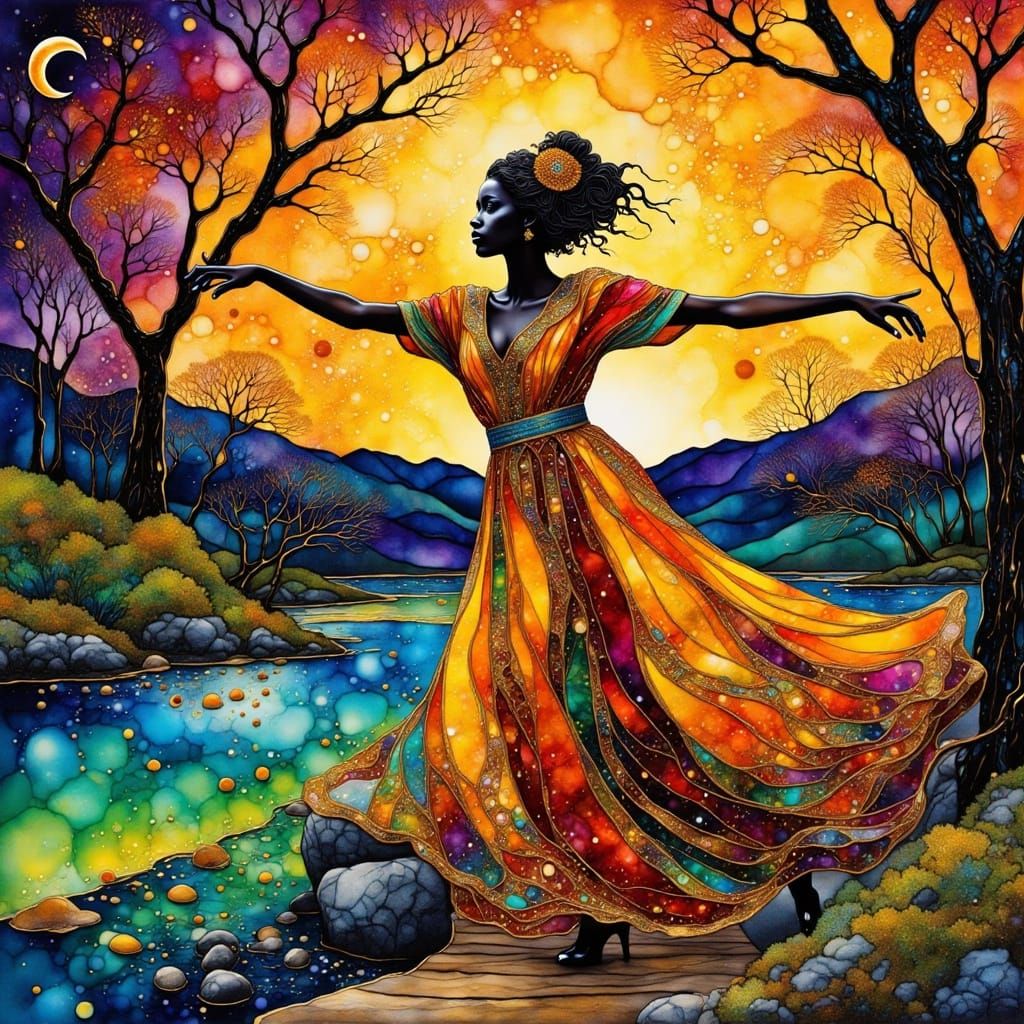 Woman Dancing on Golden Bridge in Alcohol Ink Style