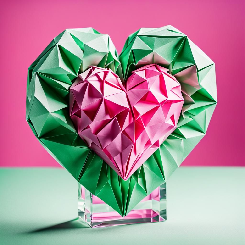 Pink and Green Origami Heart Ice Sculpture