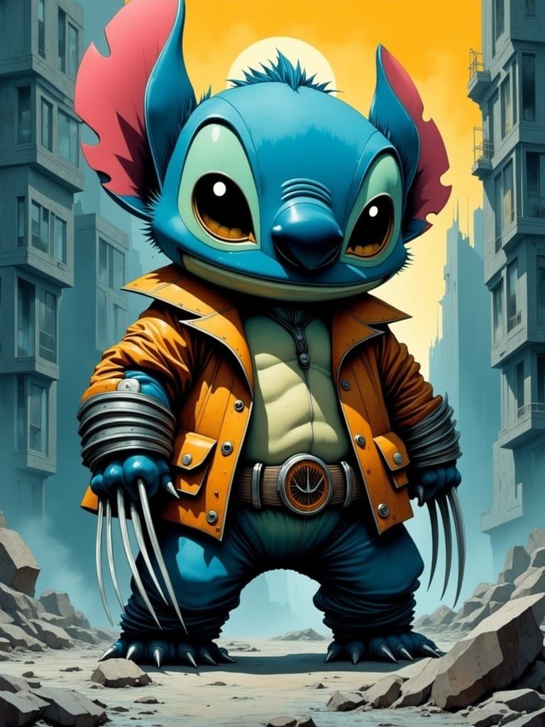 Stitch as Wolverine in Retrofuturistic Brutalism
