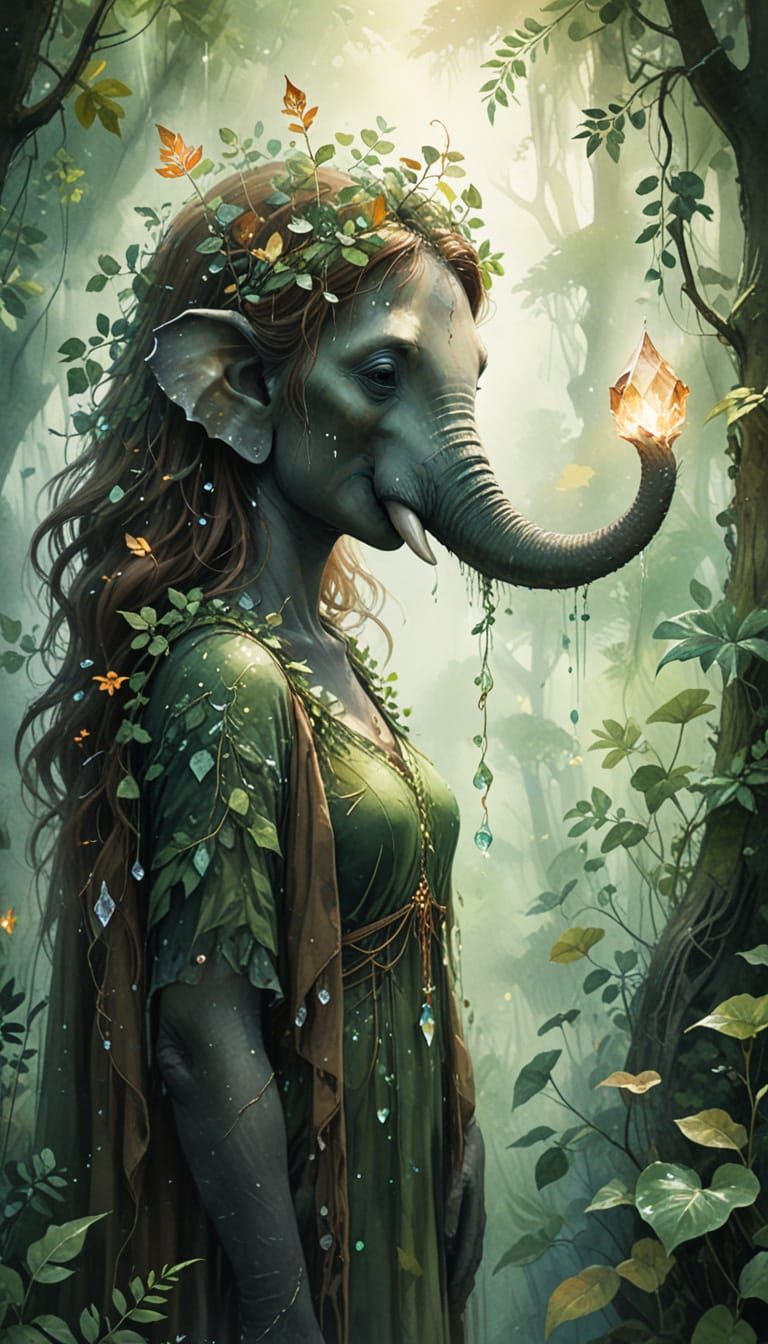 Crystal Witch in Misty Jungle Clearing Watercolor Painting