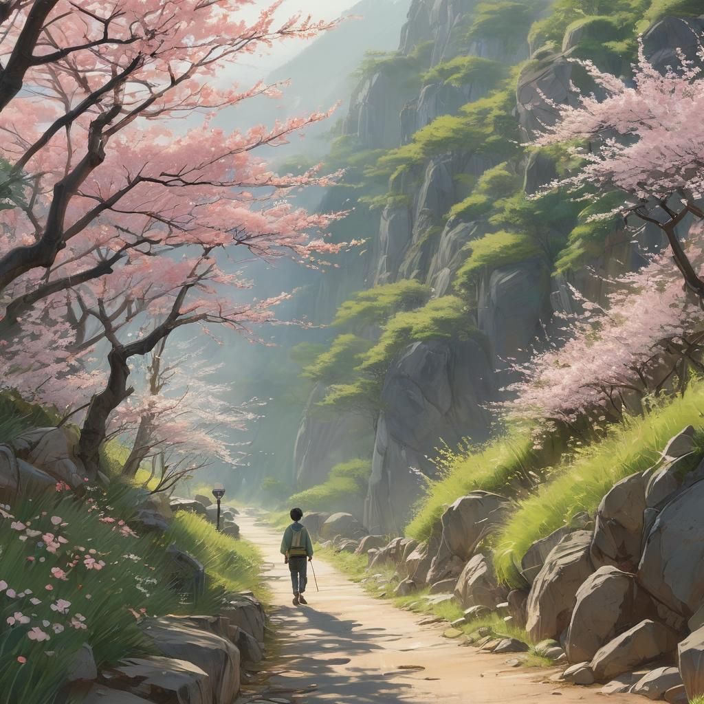 Boy on Mountain Path in Watercolor Anime Style