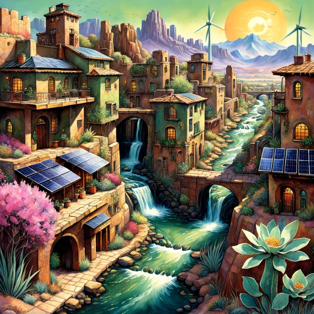 a hyper realistic solarpunk city with solar panels and wind turbines: a desert Cliff Dwelling Metropolis: adobe homes po...