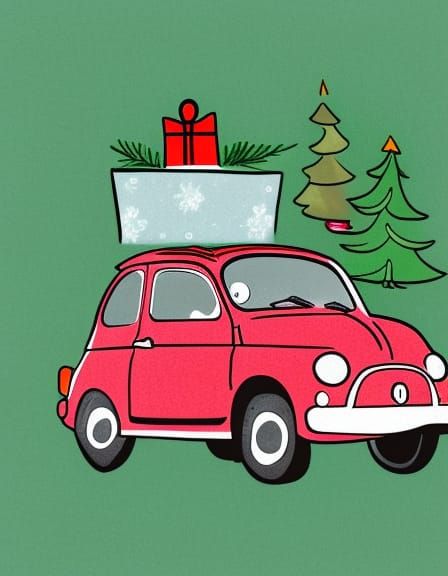 Fiat 500 with Christmas Tree Illustration