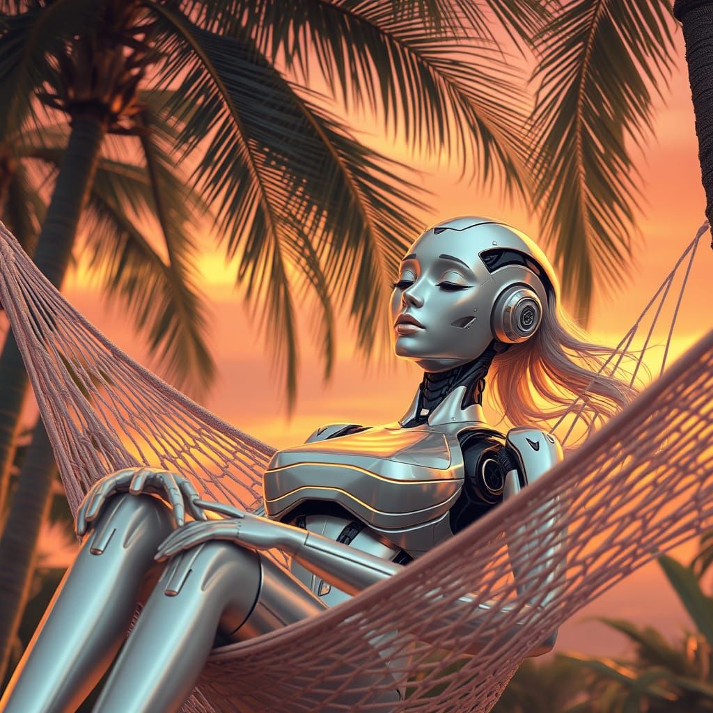 Serene Robot in Hammock at Sunset