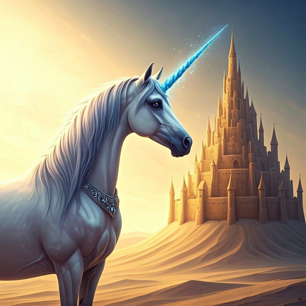 Unicorn Gazes at Sandcastle in Dreamlike Digital Art