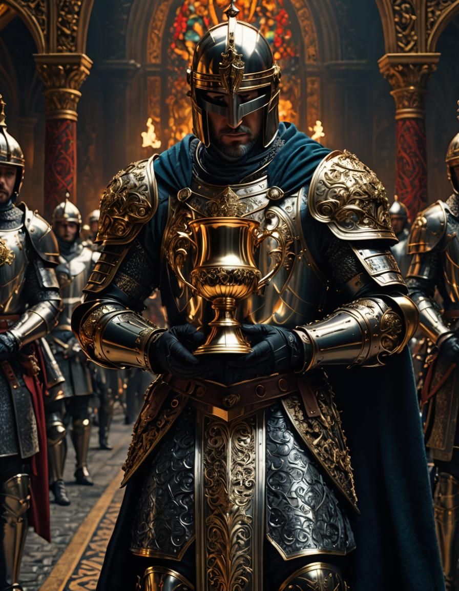 Holy Knight Raising Cup in Shimmering Cinematic Style