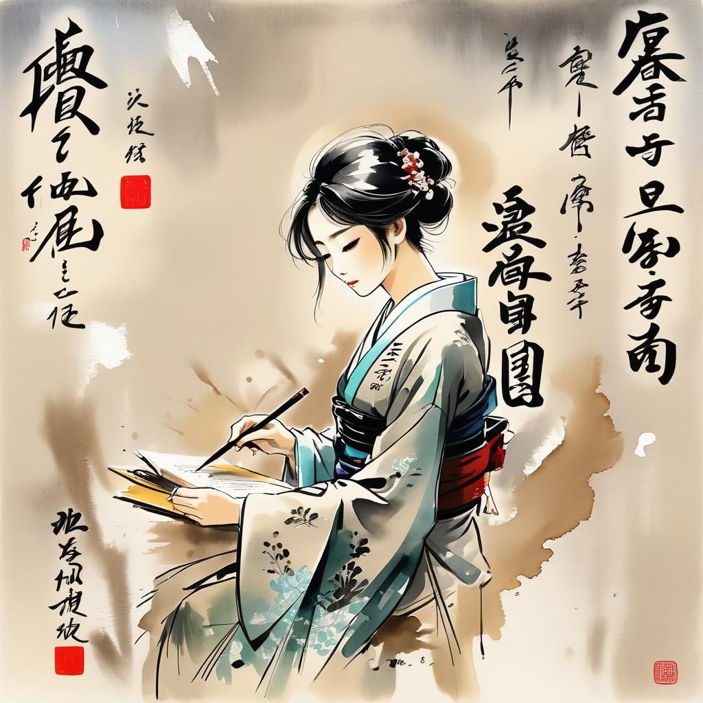 Elegant Japanese Calligraphy Art of a Woman