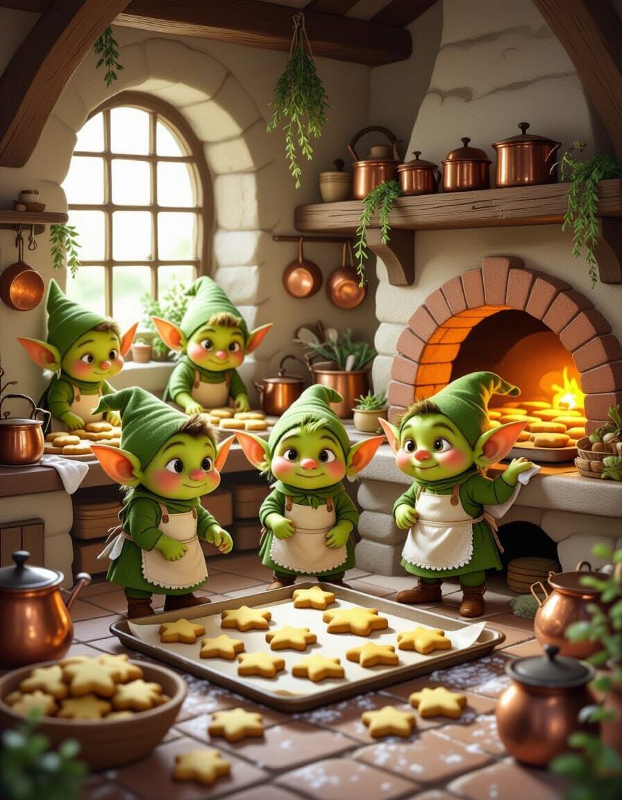 Kind Goblins Baking Cookies in a Cozy Kitchen
