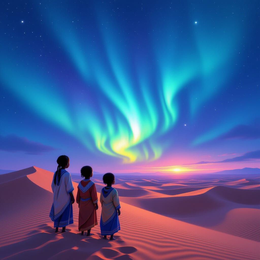 Aurora Borealis Over Sahara Desert, Dreamy Art Style