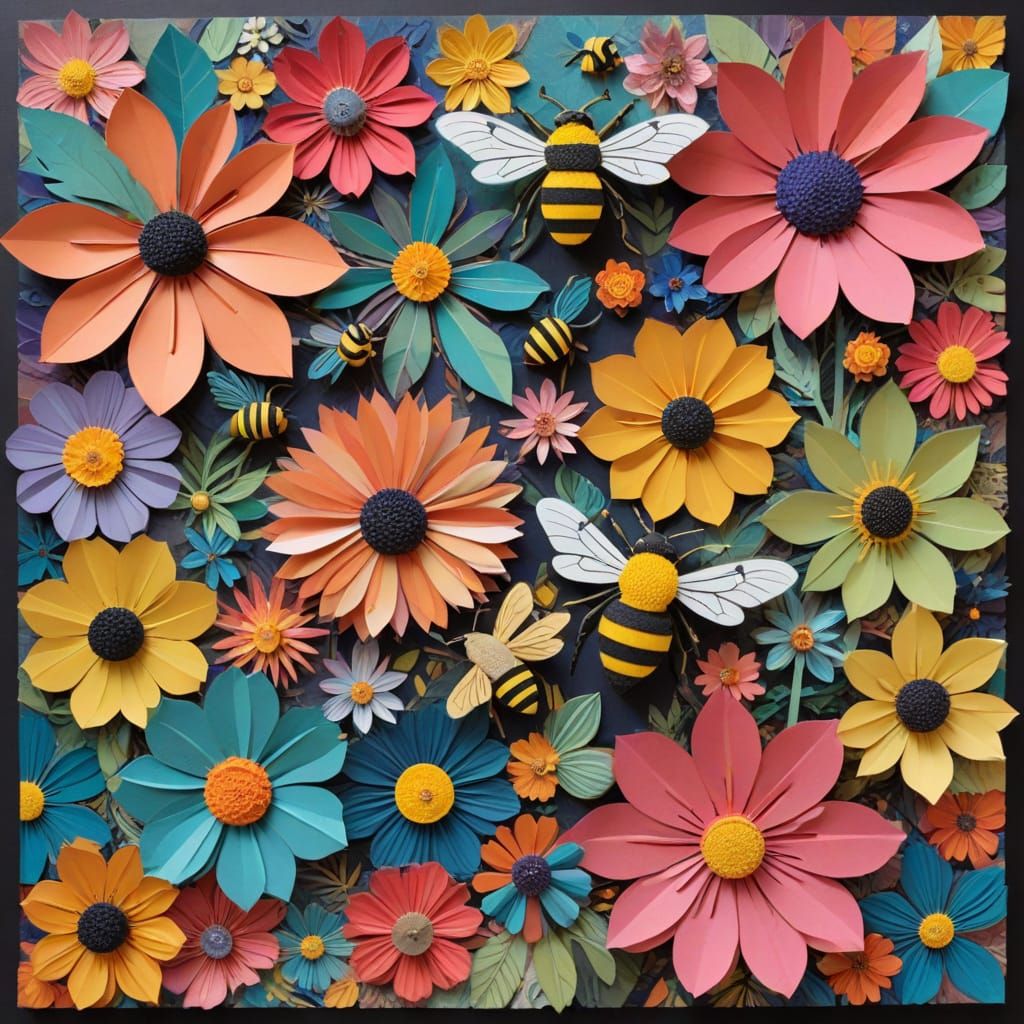 Multicolor Prism Assemblage Collage with Flowers and Bees