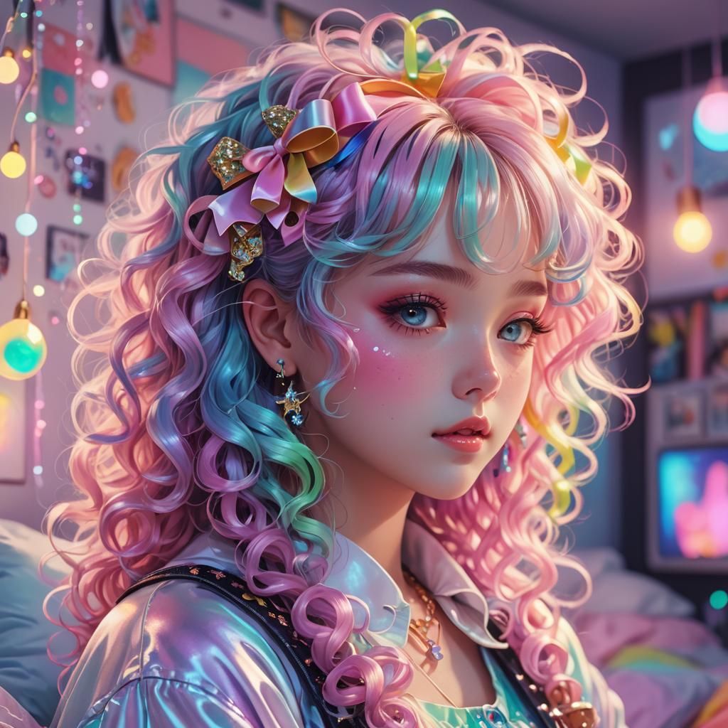 Pastel Anime Girl in Bedroom with Neon Reflections