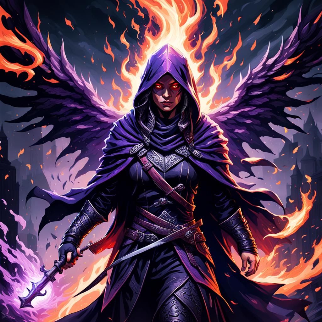 Dark Fantasy Assassin with Fiery Wings