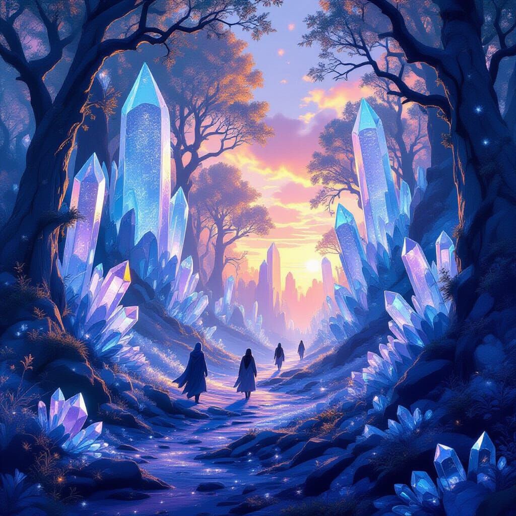 Mystical Crystal Forest with Ethereal Creatures