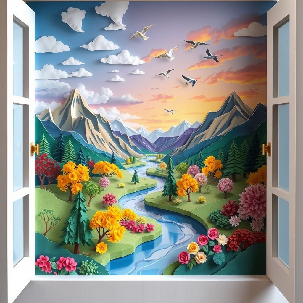 Surreal Landscape in Kirigami Style with Isometric Depth