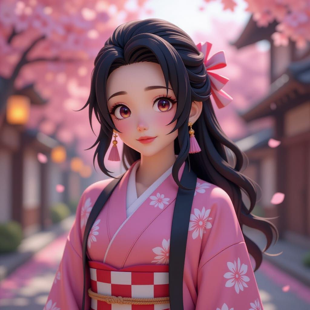 Nezuko Inspired Woman in Pink Kimono 3D Anime Art