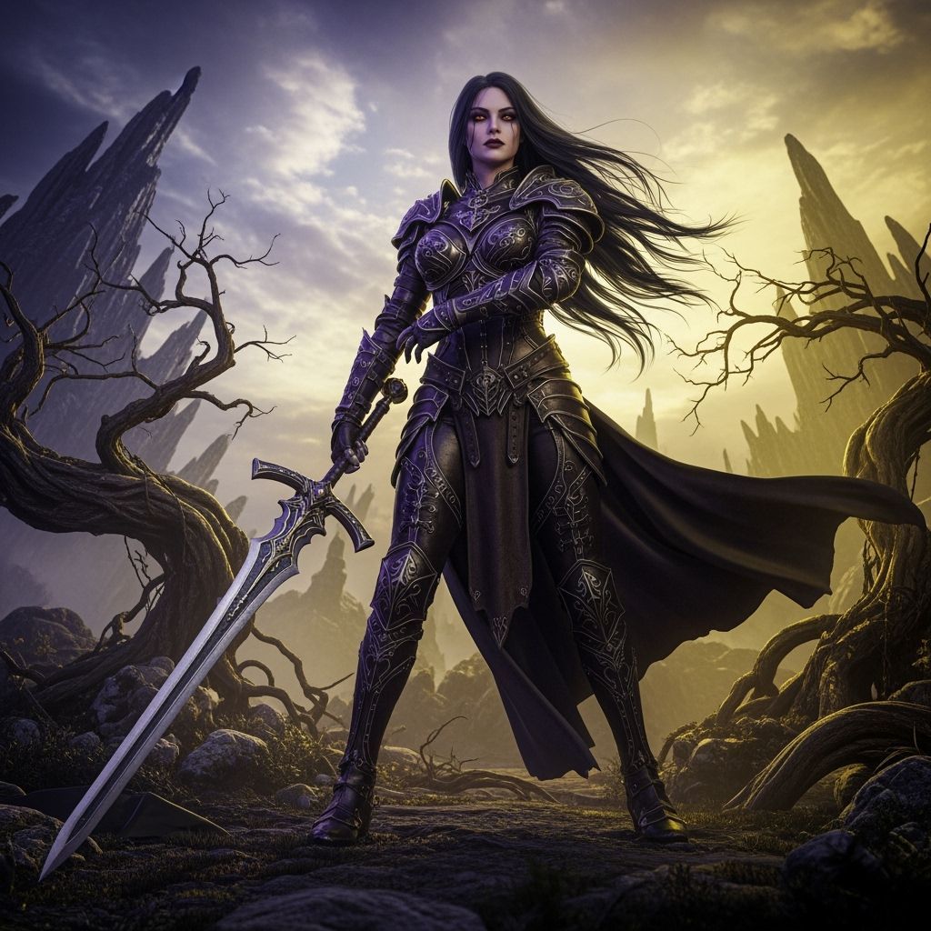 Gothic Battle Goddess in Dark Fantasy Landscape