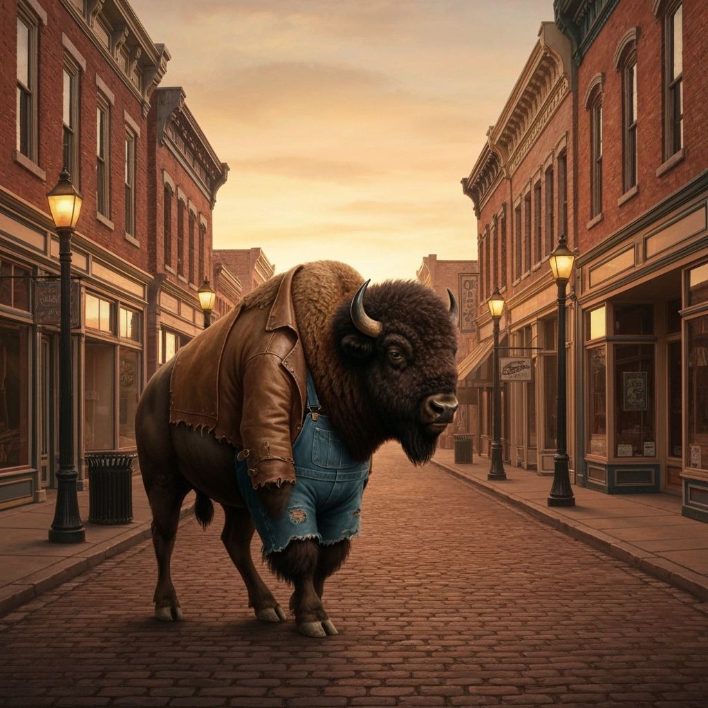 Bison in Overalls Strolls Through Historic Town