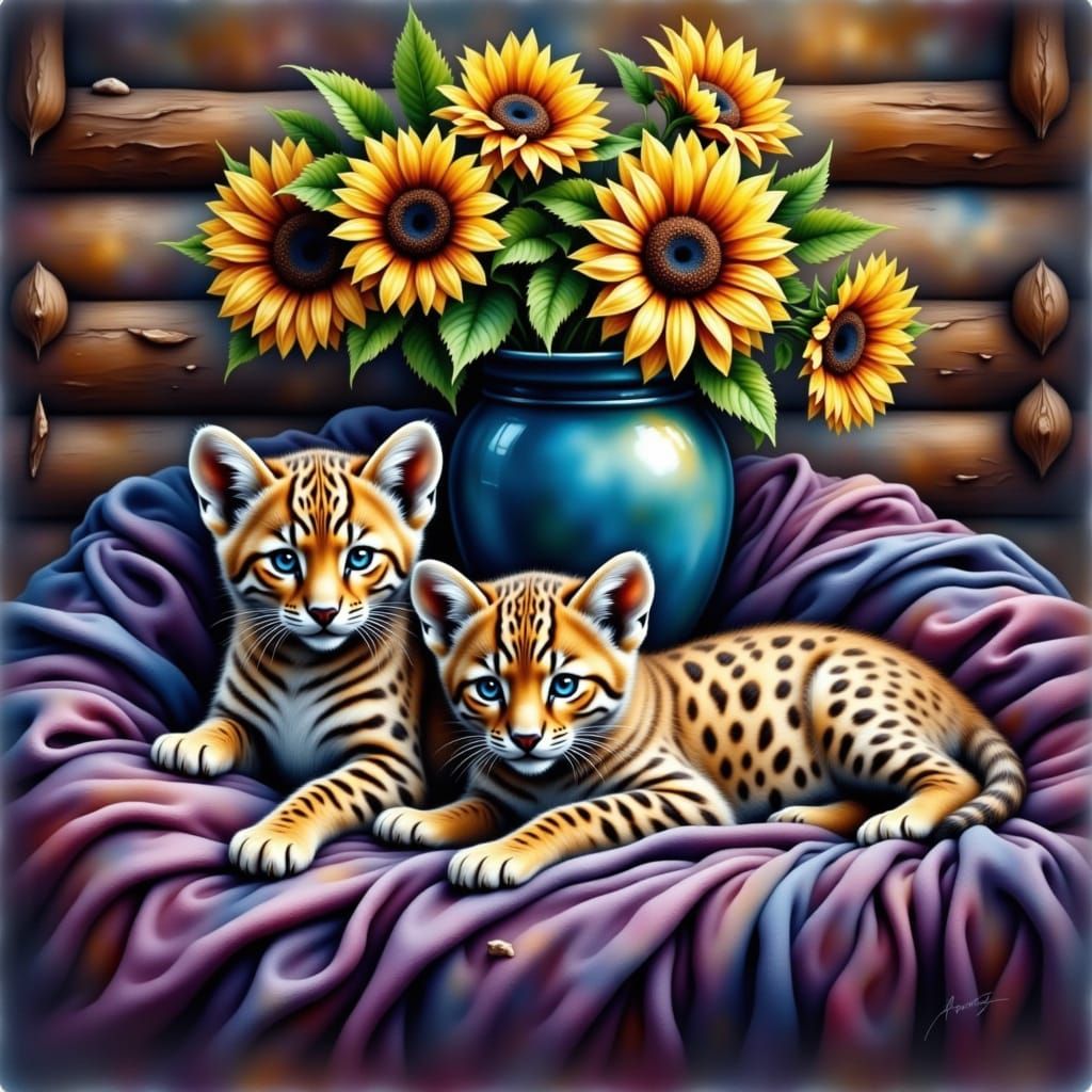 Ocelot Family in Ink Art Style on Velvet Blanket