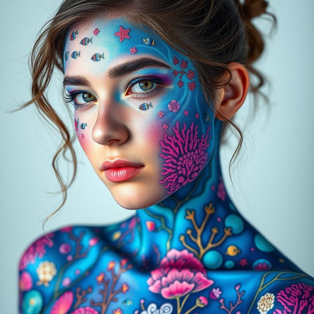 Coral Reef Body Paint in Surreal Pop Art Style