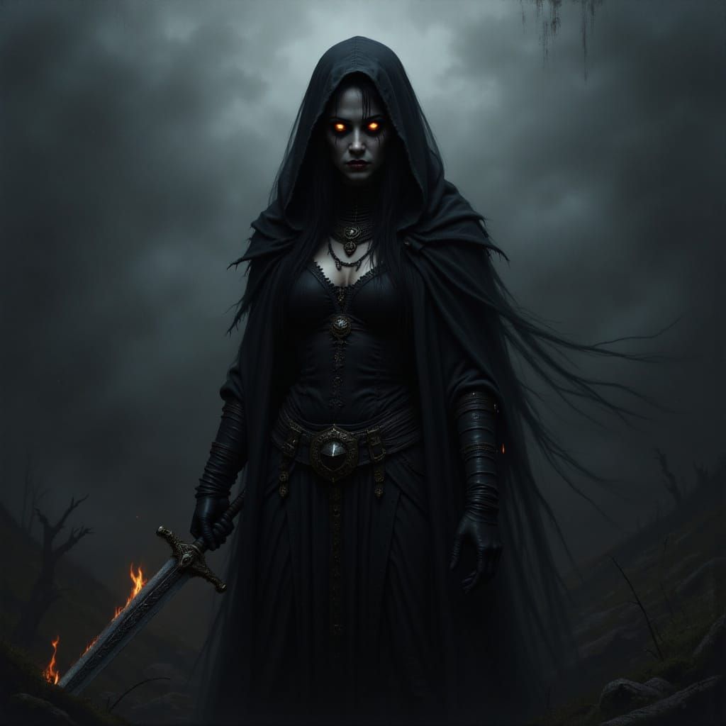 Shadow Goddess Appears from Mist with Fiery Sword