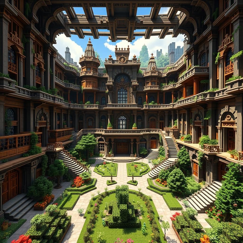 Majestic Minecraft Mansion with Ornate Garden in 8K