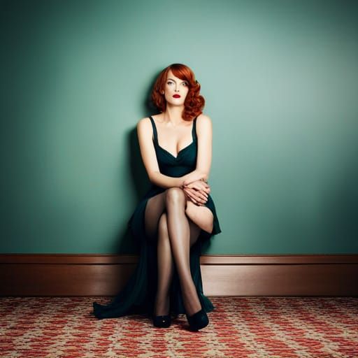Vintage Woman in Blue Dress Inside Theater