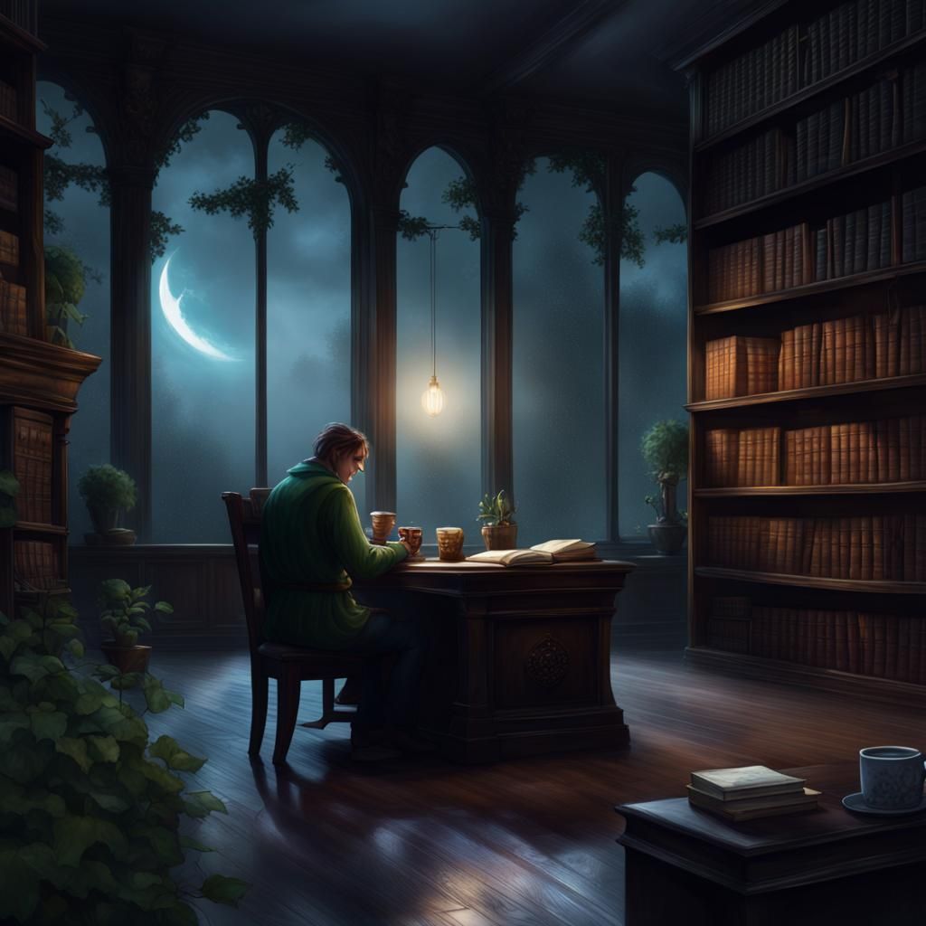 Moonlit Books, Magic, and Fireflies in Dark Fantasy Style