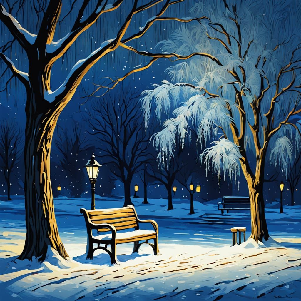 Impressionist Night Scene with Weeping Willow